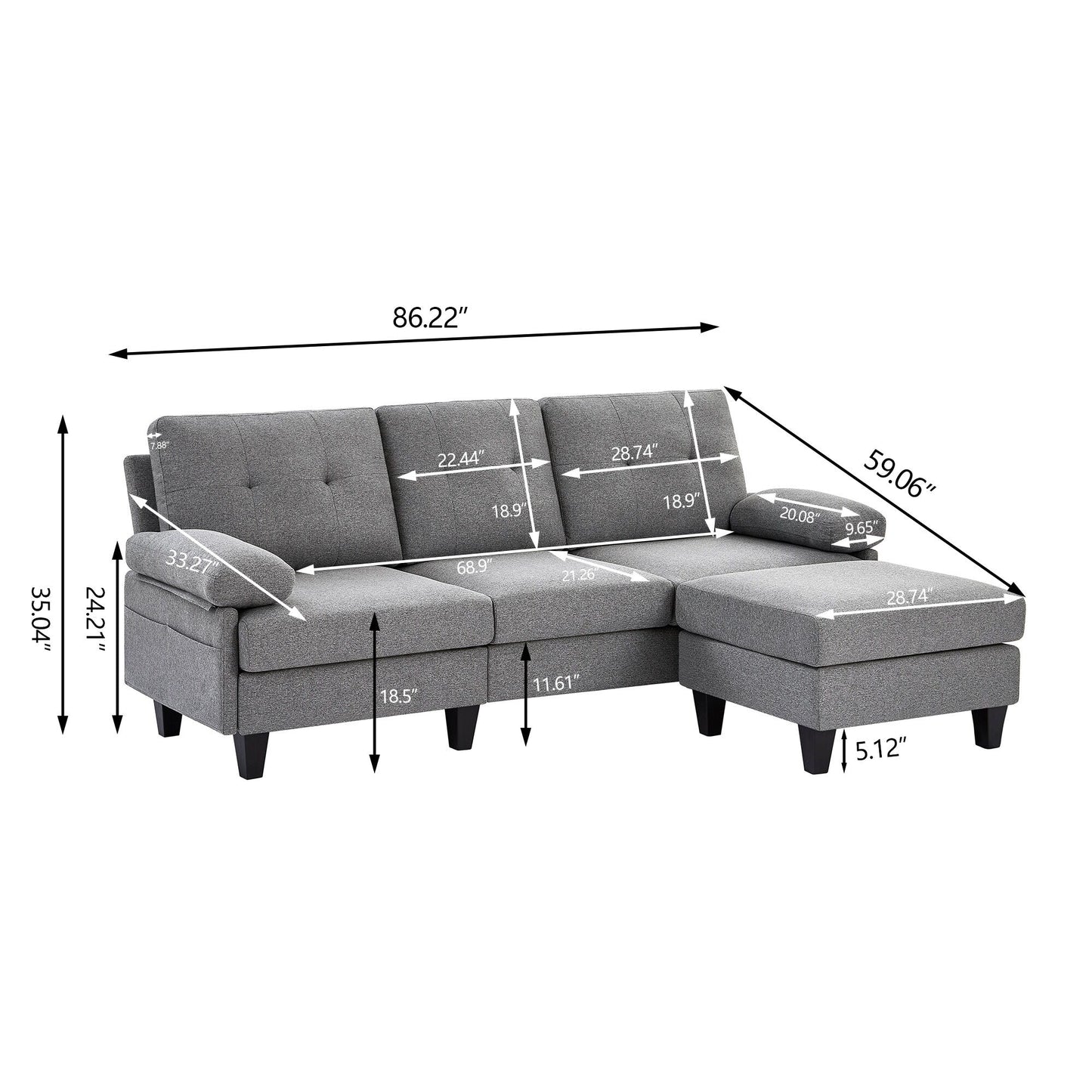 86.22 L Shaped Sectional Sofa with Side Storage Pockets