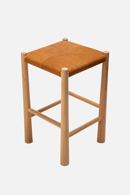 Avni Upholstered Leather Backless Teak Counter Stool
