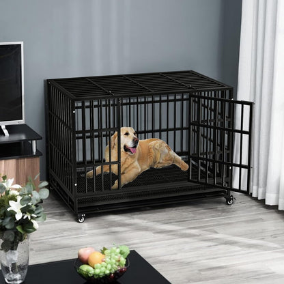 BOSSIN 48/38 inch Heavy Duty Indestructible Dog Crate, Escape Proof Dog Cage Kennel with Lockable Wheels