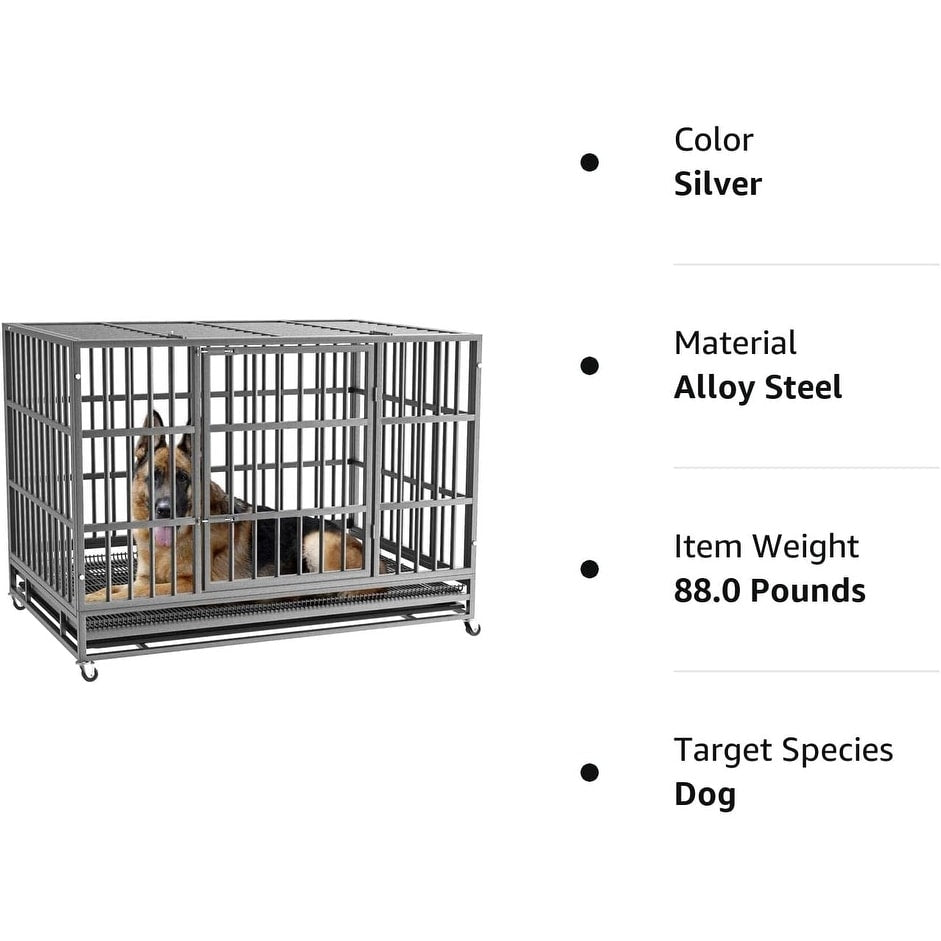 BOSSIN 48/38 inch Heavy Duty Indestructible Dog Crate, Escape Proof Dog Cage Kennel with Lockable Wheels