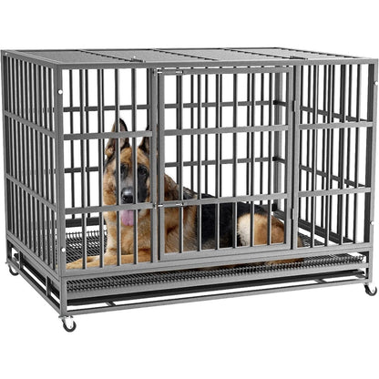 BOSSIN 48/38 inch Heavy Duty Indestructible Dog Crate, Escape Proof Dog Cage Kennel with Lockable Wheels