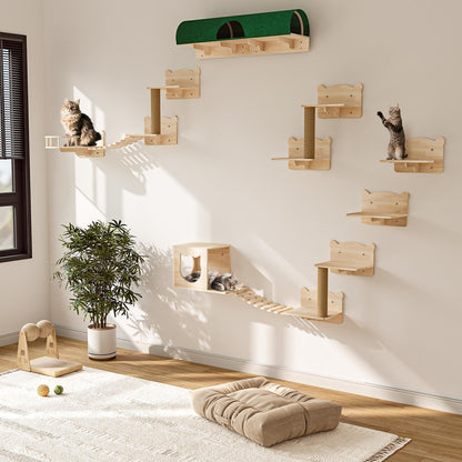 BOSSIN 9/16/18-Piece Pine Cat Wall Climbing System - Wall-Mounted Shelves Set with Cat Bed, Scratching Post & Tunnel