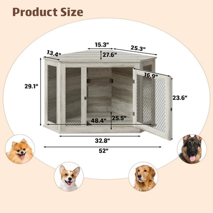 BOSSIN Corner Dog Crate Furniture,44/52 inch Wooden Dog Kennel Furniture with Mesh,Decorative Wood Dog House for Indoor use