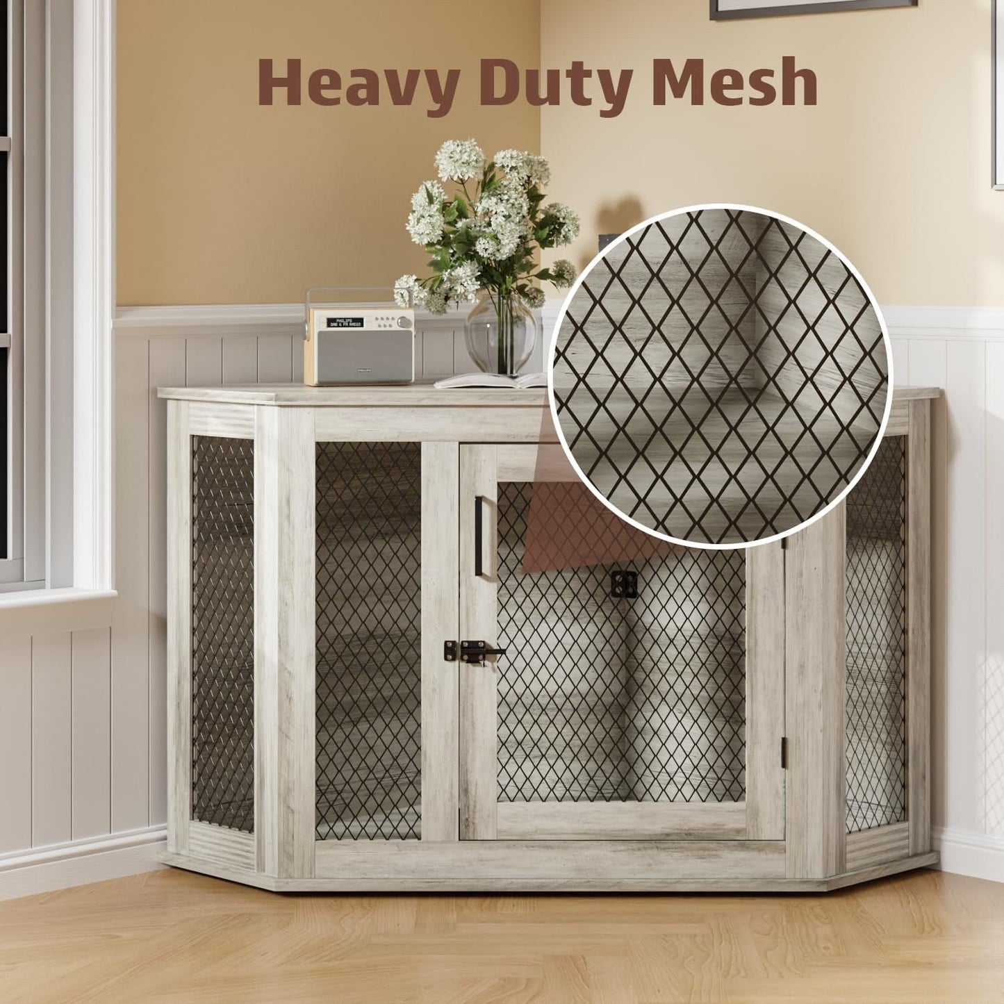 BOSSIN Corner Dog Crate Furniture,44/52 inch Wooden Dog Kennel Furniture with Mesh,Decorative Wood Dog House for Indoor use