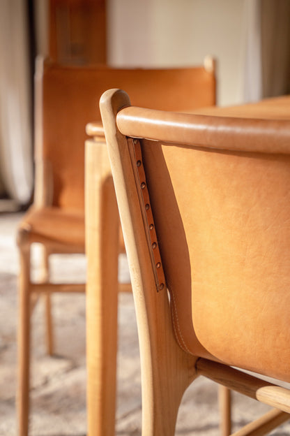 Lola Teak and Sling Leather Dining Chair