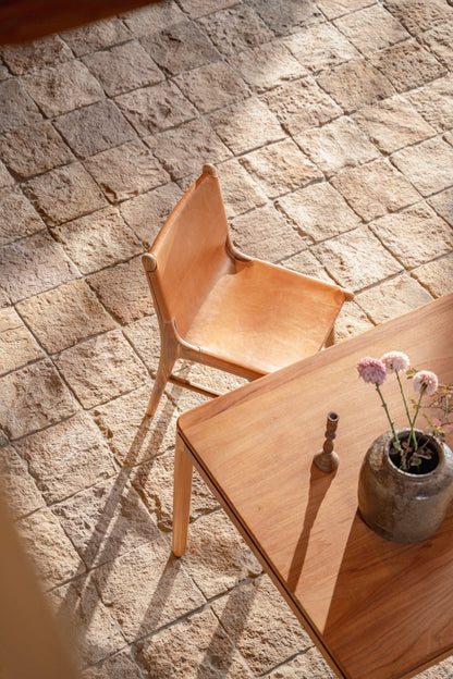 Lola Teak and Sling Leather Dining Chair