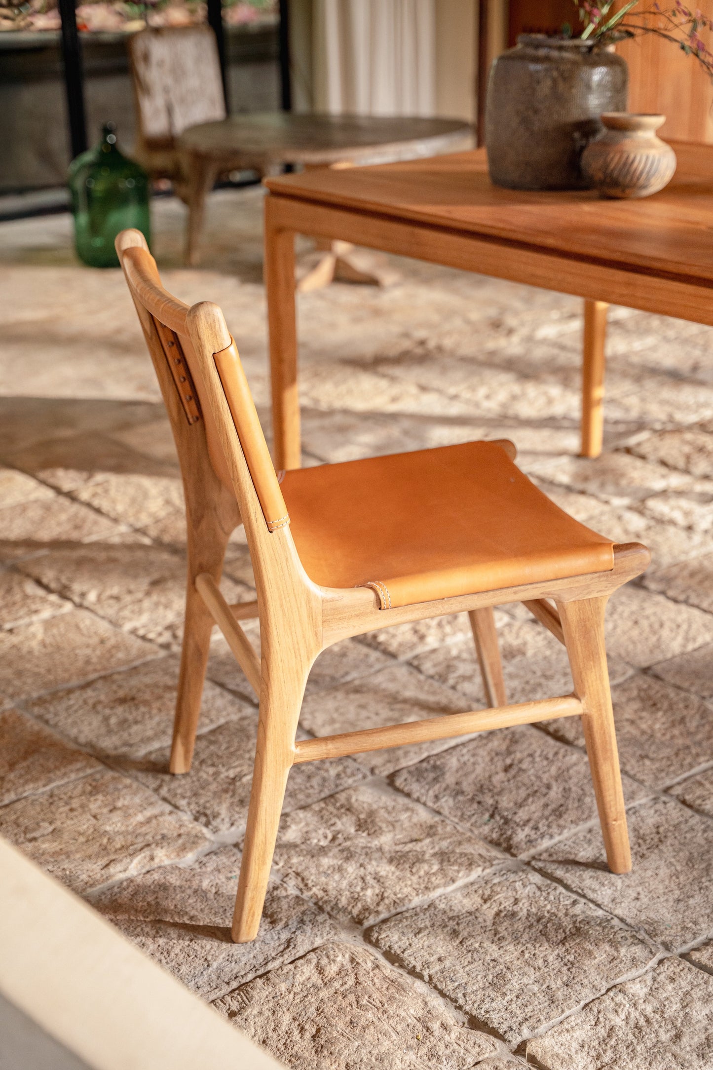 Lola Teak and Sling Leather Dining Chair