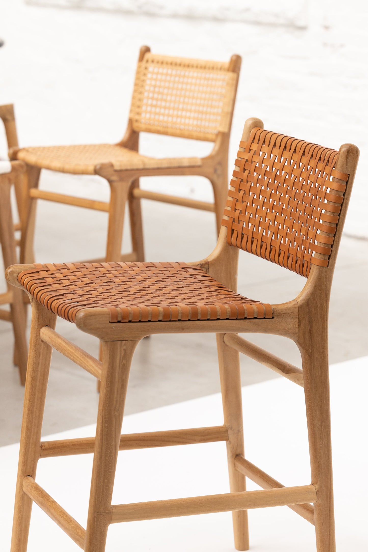 Ines Teak and Woven Leather Counter Stool
