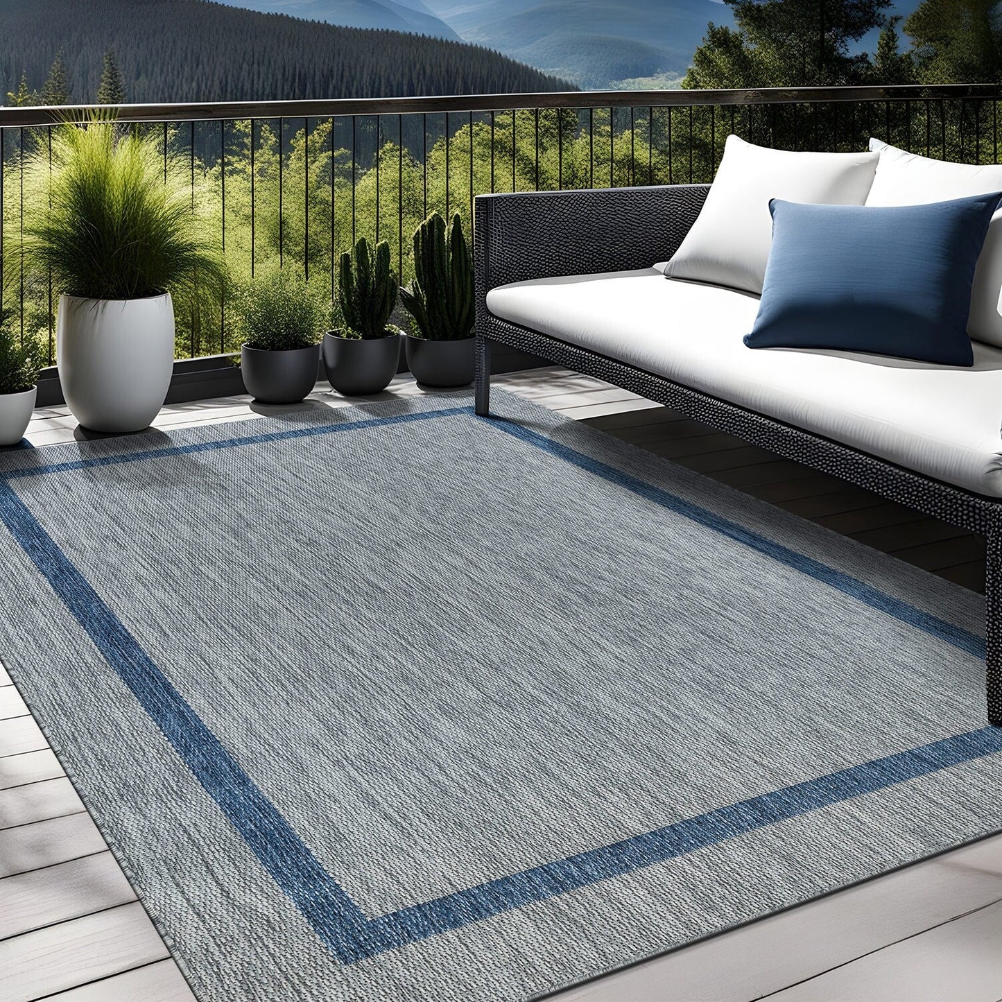 Beverly Rug Modern Bordered Indoor Outdoor Rug, Outside Carpet for Patio, Deck, Porch