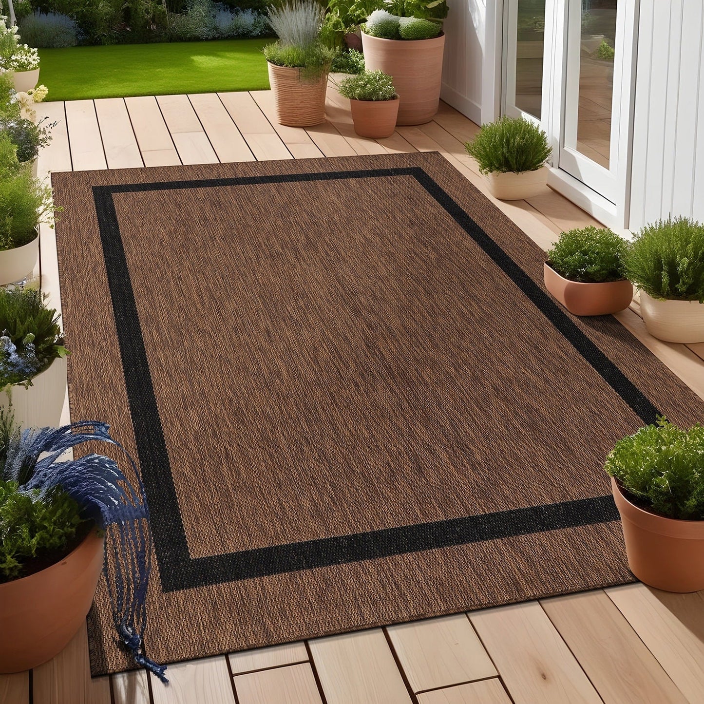 Beverly Rug Modern Bordered Indoor Outdoor Rug, Outside Carpet for Patio, Deck, Porch
