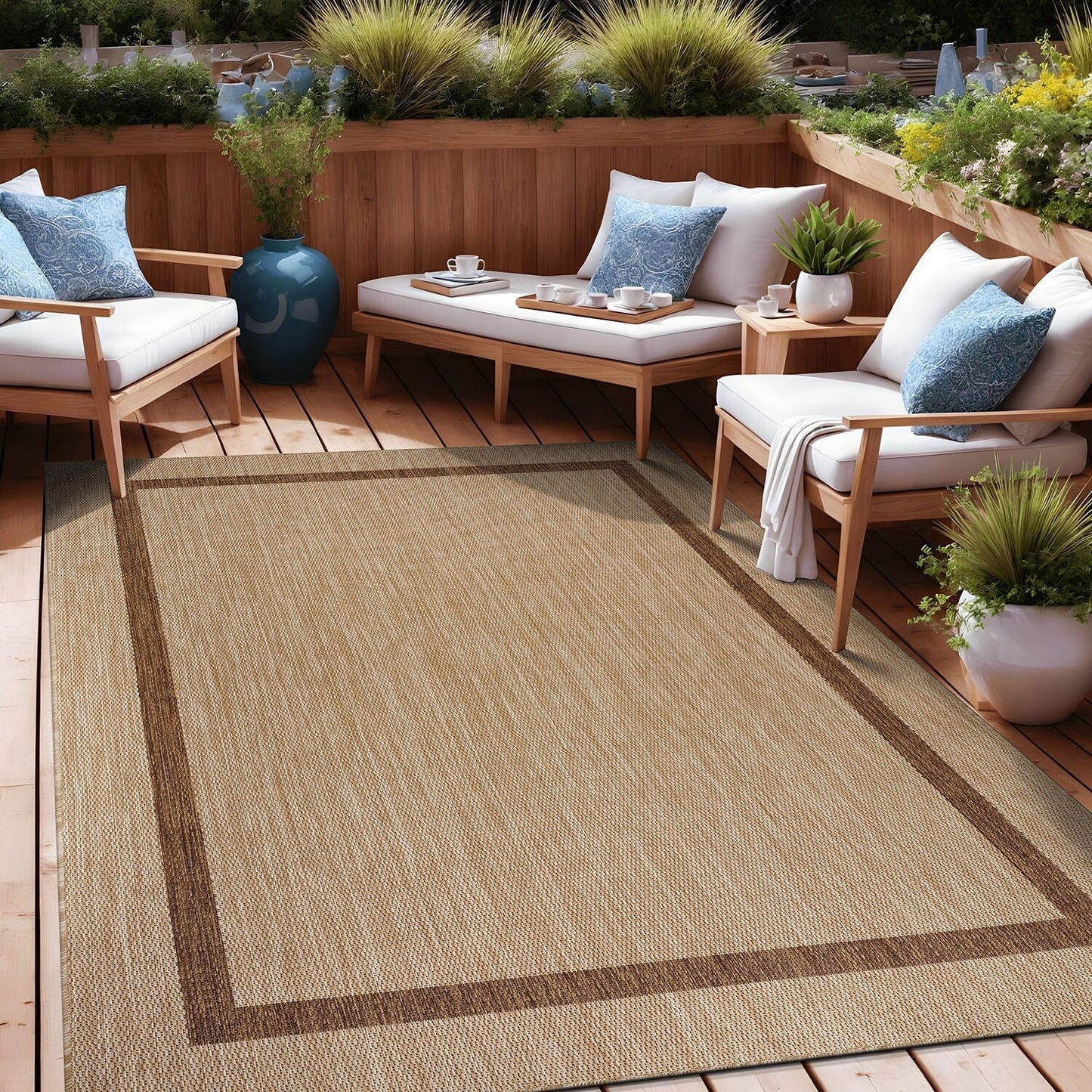 Beverly Rug Modern Bordered Indoor Outdoor Rug, Outside Carpet for Patio, Deck, Porch