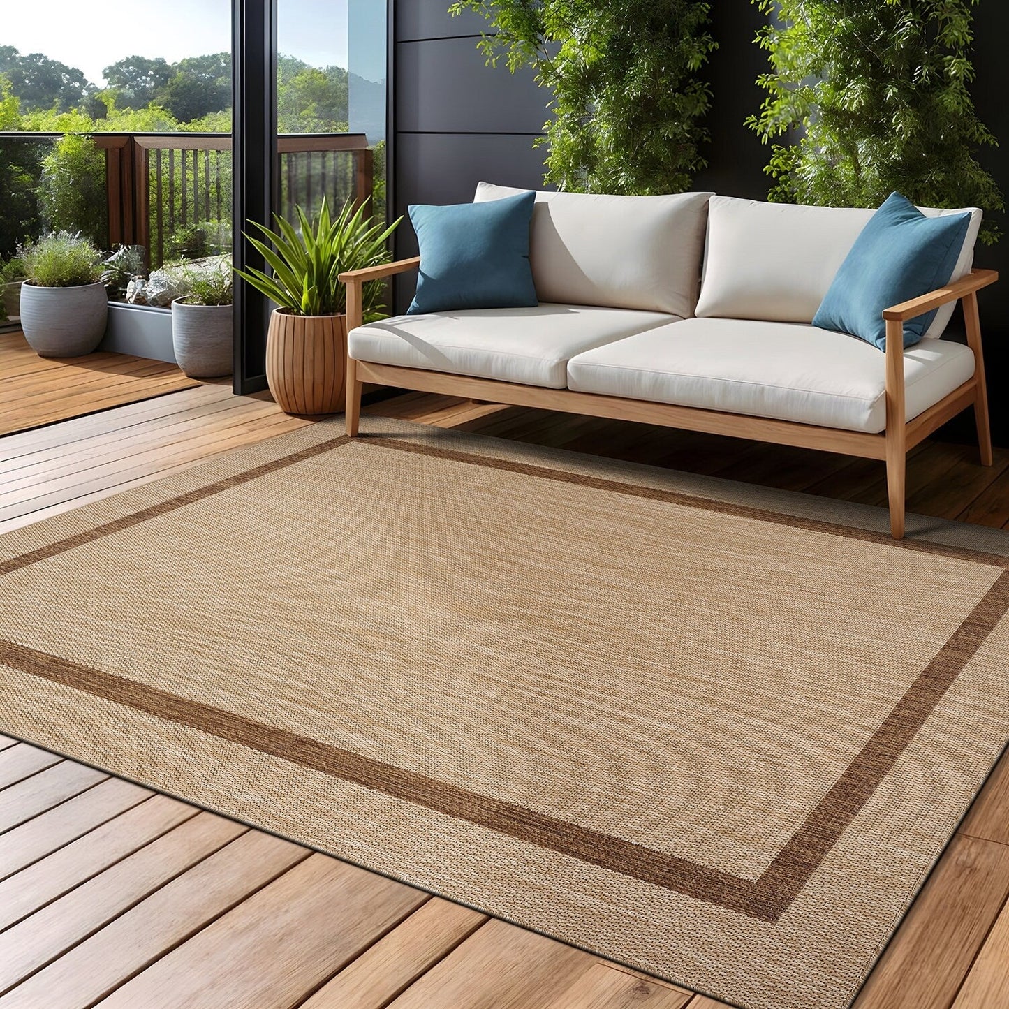 Beverly Rug Modern Bordered Indoor Outdoor Rug, Outside Carpet for Patio, Deck, Porch