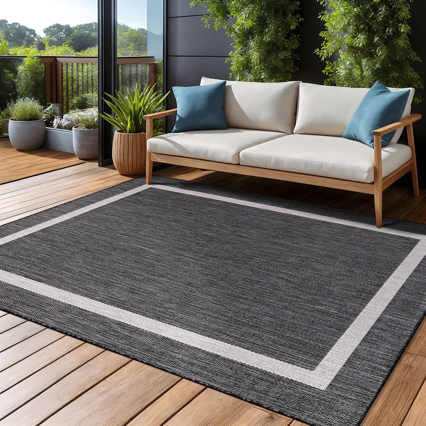 Beverly Rug Modern Bordered Indoor Outdoor Rug, Outside Carpet for Patio, Deck, Porch