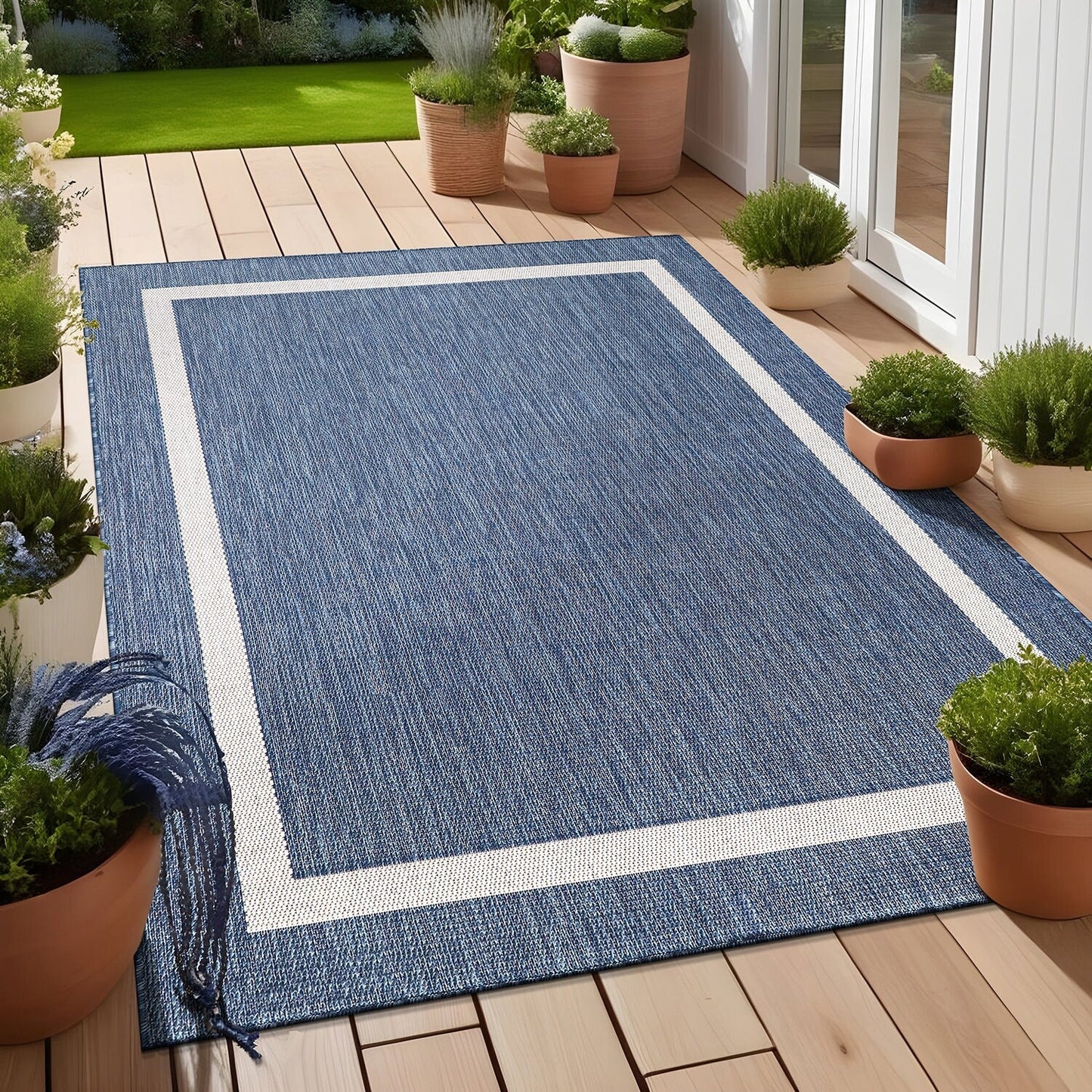 Beverly Rug Modern Bordered Indoor Outdoor Rug, Outside Carpet for Patio, Deck, Porch