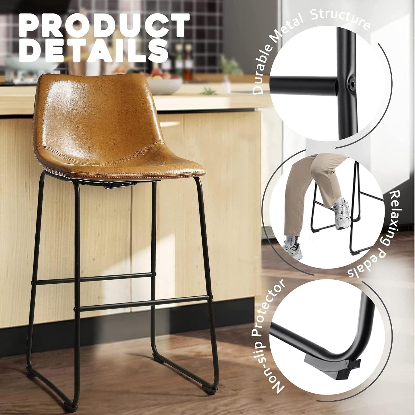 Bossin 18/26/30 inch Bar Stools,Counter Height Bar Stools with Back Modern PU Leather Stools Dining Chair with Footrest