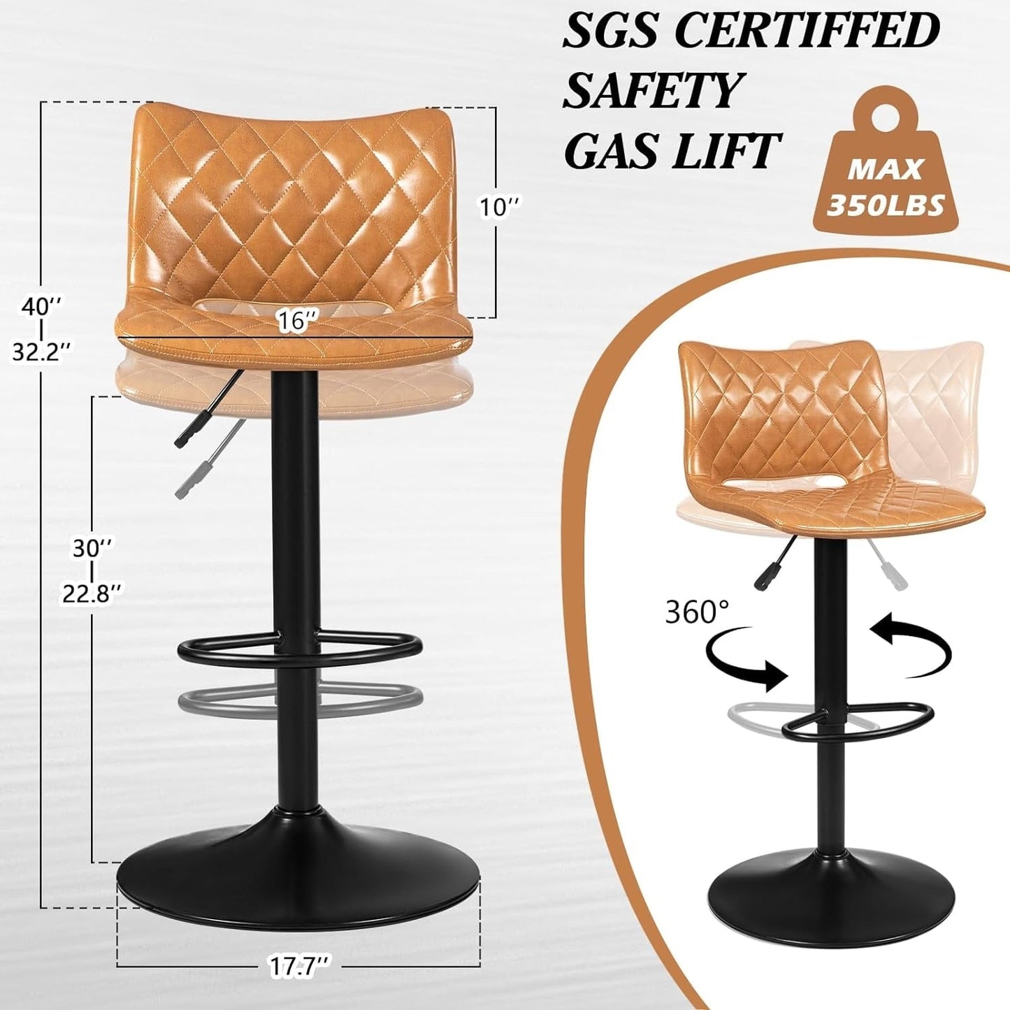 Bossin Adjustable Swivel Bar Stools with Backs – Counter Height