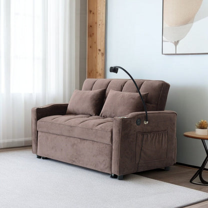 Brown Modern 54.33 Convertible Pullout Loveseat Sofa Bed with Reclining Backrest and Phone Holder