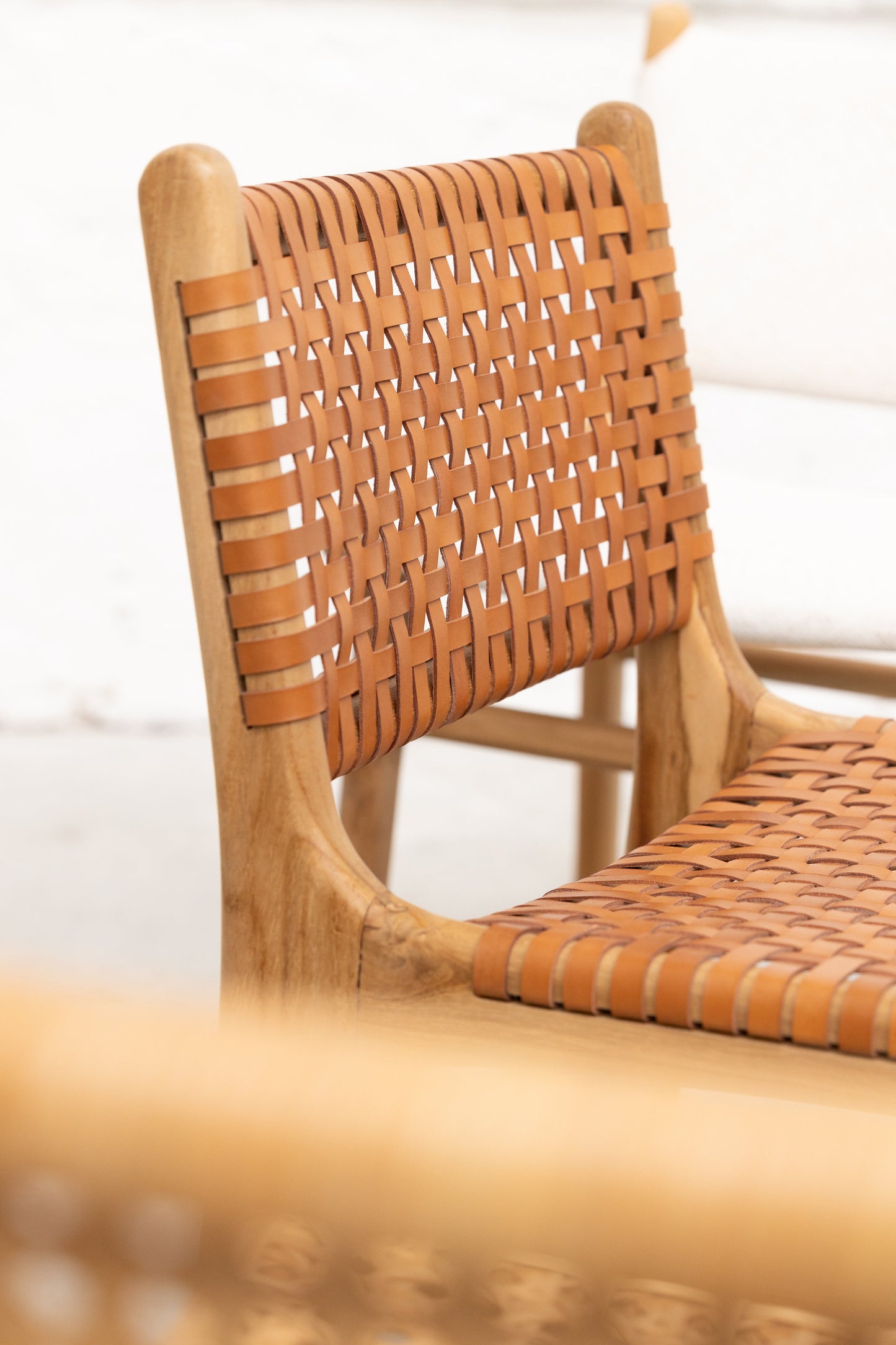 Ines Teak and Woven Leather Counter Stool