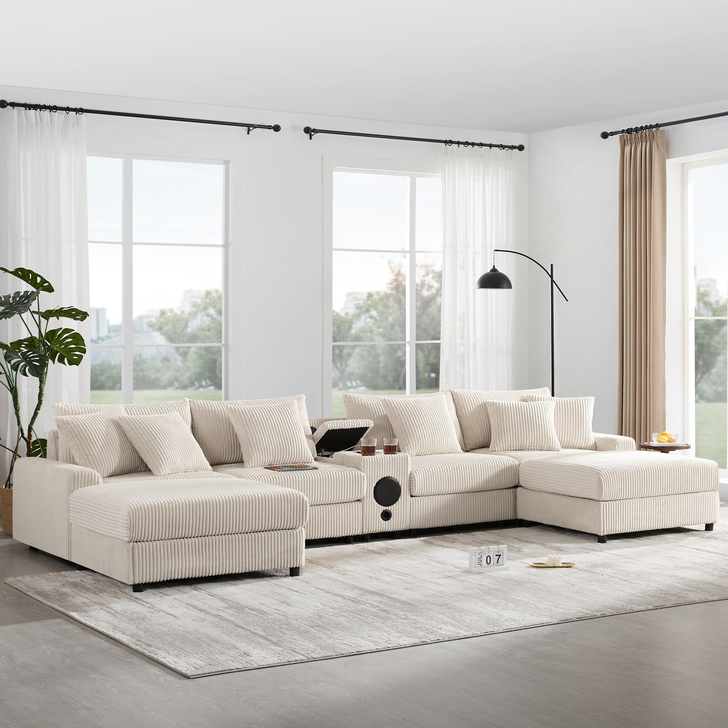 Corduroy Sectional Sofa with Bluetooth Speakers, USB Charger, Cup Holders, Storage, Ottoman, Deep and Wide Seat
