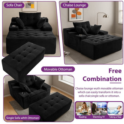 Corduroy Upholstered Memory Foam Sofa With Ottoman Upholstered Bean Bag Couch - 48.4Lx67.7Wx24.4H