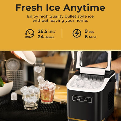 Countertop Ice Maker with Ice Scoop and Basket, 9 Cubes in 6 Mins, 26.5lbs/24h, 2 Sizes of Bullet Ice, Self-Cleaning