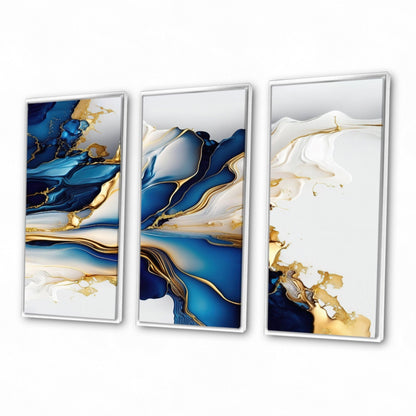 Designart Abstract Geode Gold And Blue Marble Shape III Modern Geometric Framed Canvas Art Print - 3 Panels