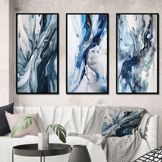 Designart Blue And Grey Ethereal Elixir III Abstract Framed Wall Art Set Of 3 Frame Canvas Set For Living Room Decor
