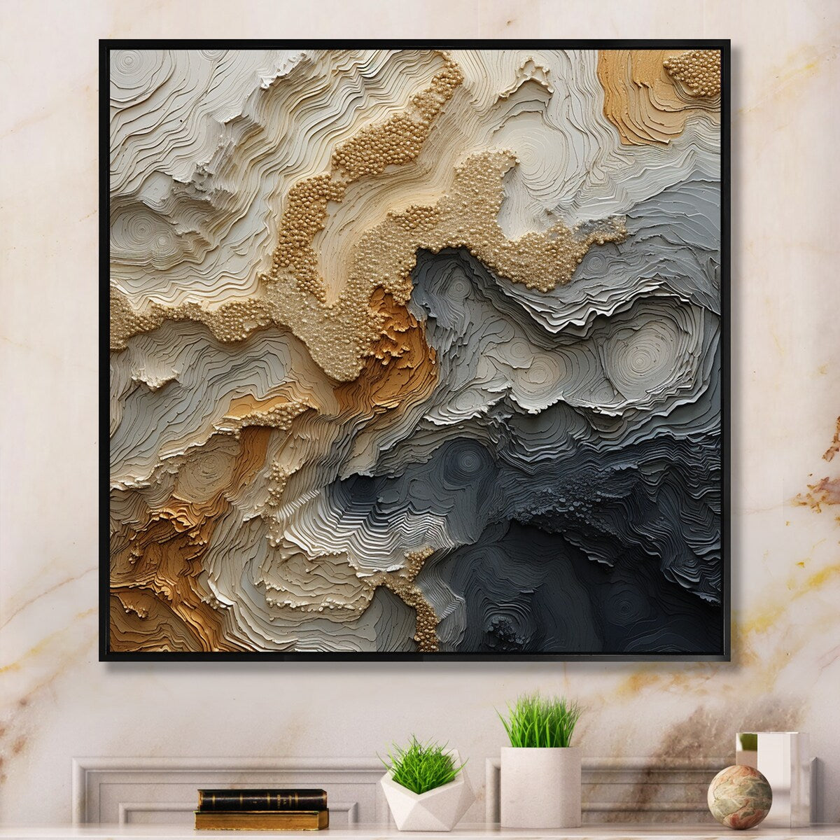 Designart Gold And Beige River Spiral Abstract Painting Framed Canvas Wall Art