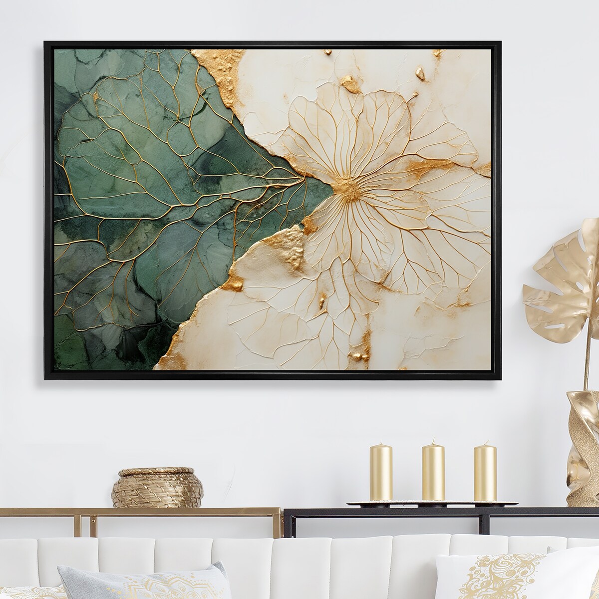 Designart Green Gold Minimalism Poteries I Abstract Spirals Framed Wall Art Living Room