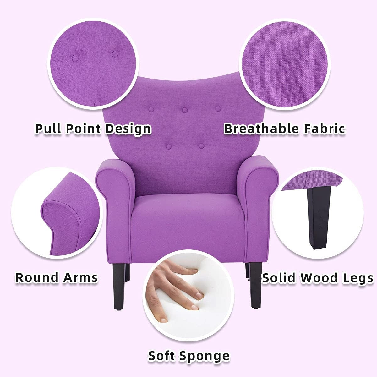 Erommy Modern Accent Chair, High Back Armchair, Upholstered Fabric Button Single Sofa with Wooden Legs for Living Room