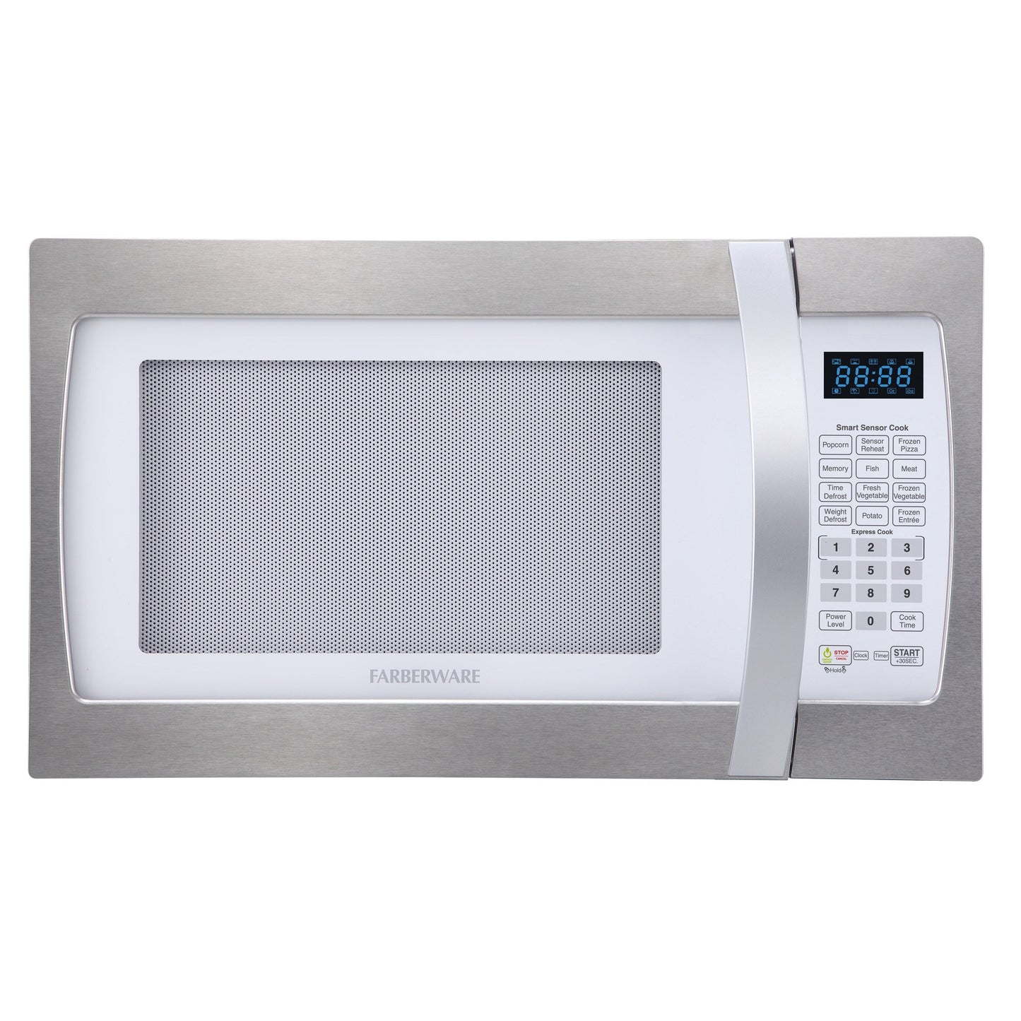 Farberware Professional 1.3 Cu. Ft. 1100-Watt Microwave Oven with Smart Sensor Cooking, White and Platinum