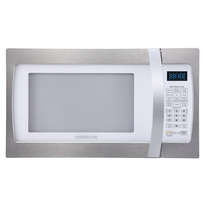 Farberware Professional 1.3 Cu. Ft. 1100-Watt Microwave Oven with Smart Sensor Cooking, White and Platinum
