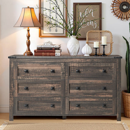 Farmhouse 6 Drawer Dresser, Wood TV Stand, Chest of Drawers
