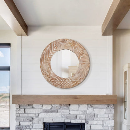Farmhouse Carved Wood Round Wall Mirror - 28 x 28