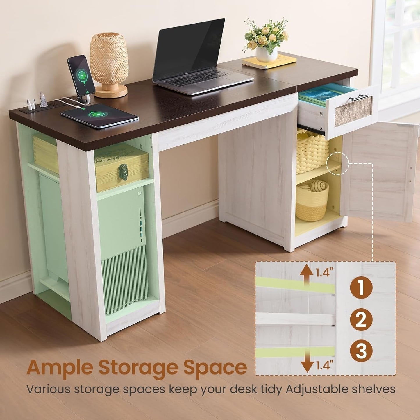 Farmhouse Executive Desk Home Office Desk File Drawer Monitor Stand Power Outlet