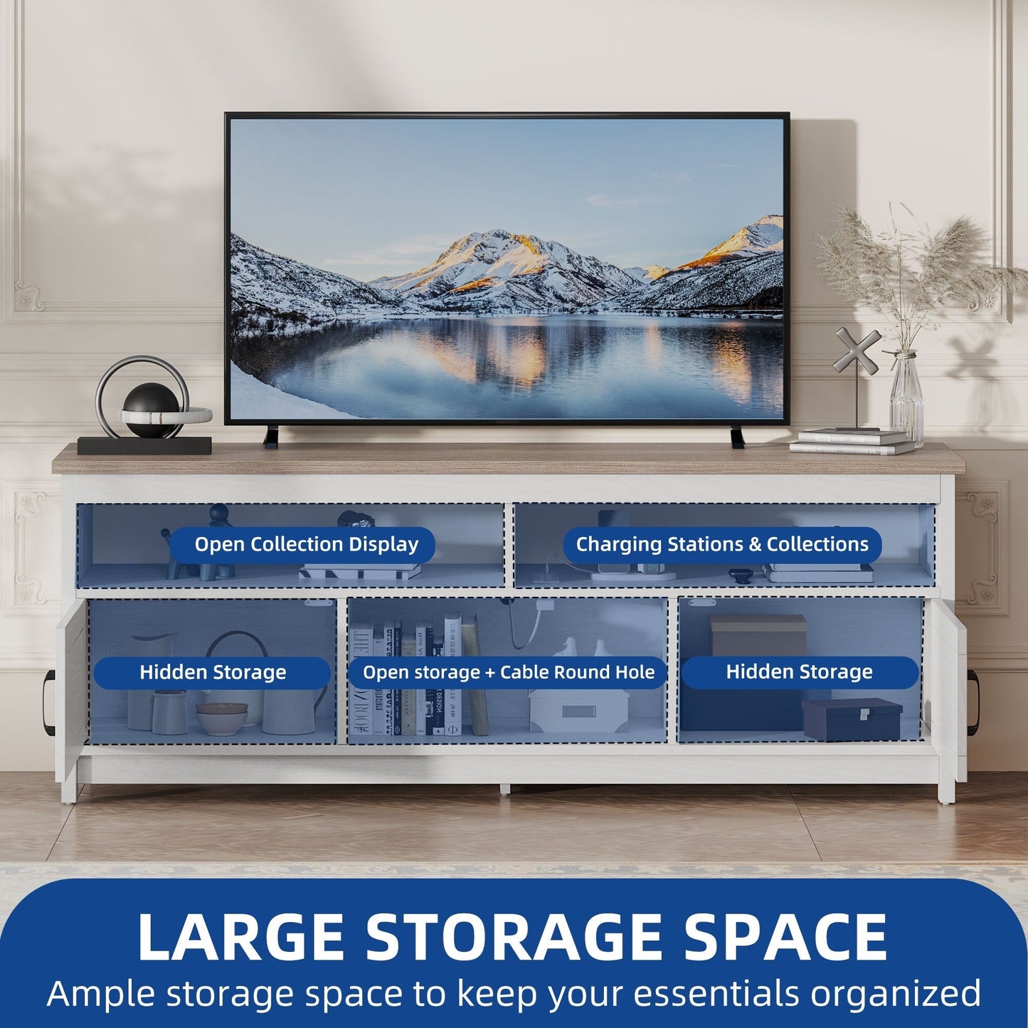 Farmhouse TV Stand for up to 65 TV with Doors and Open Shelves Media Console Power Outlet