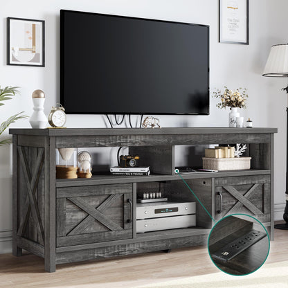 Farmhouse TV Stand for up to 65 TV with Doors and Open Shelves Media Console Power Outlet
