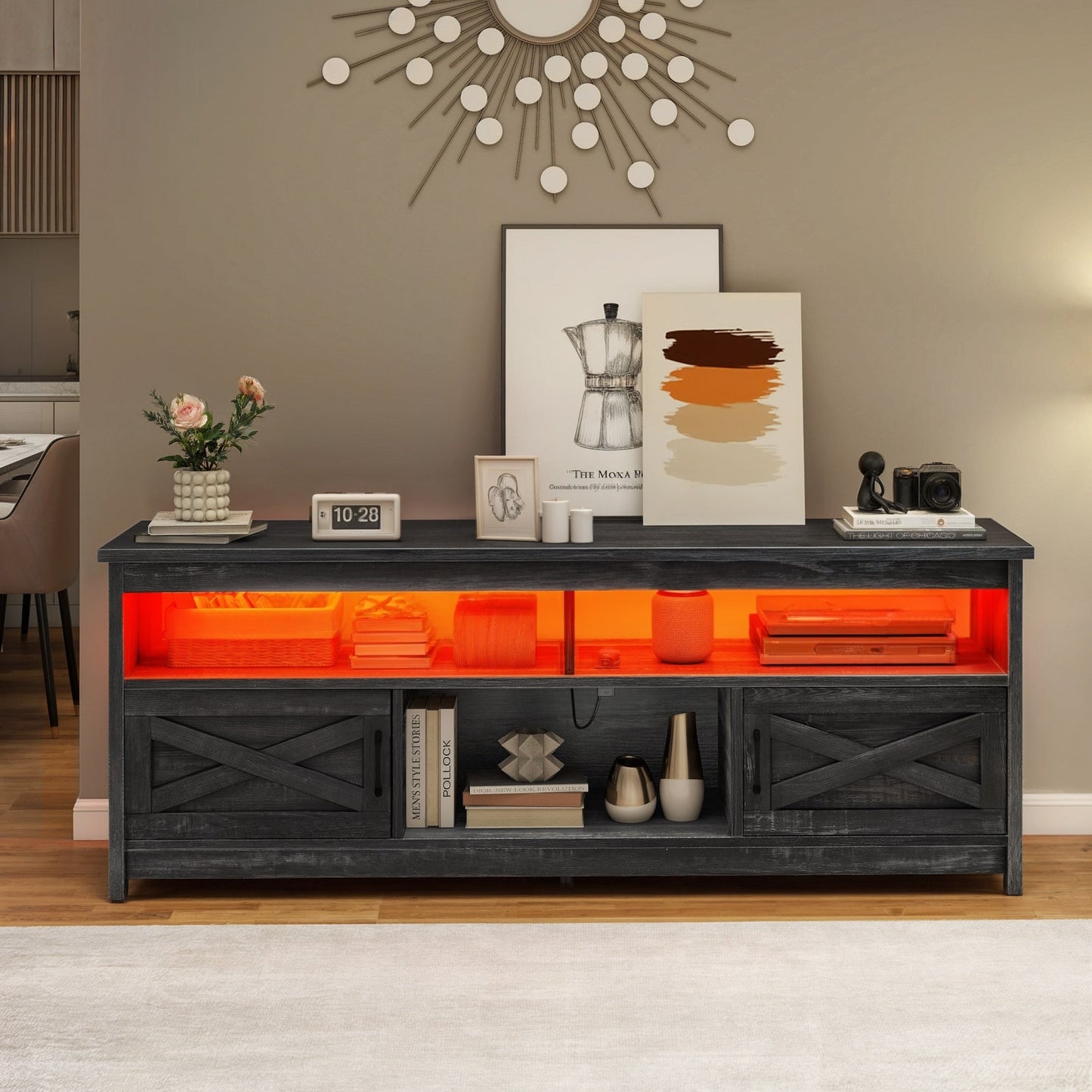 Farmhouse TV Stand for up to 65 TV with Doors and Open Shelves Media Console Power Outlet