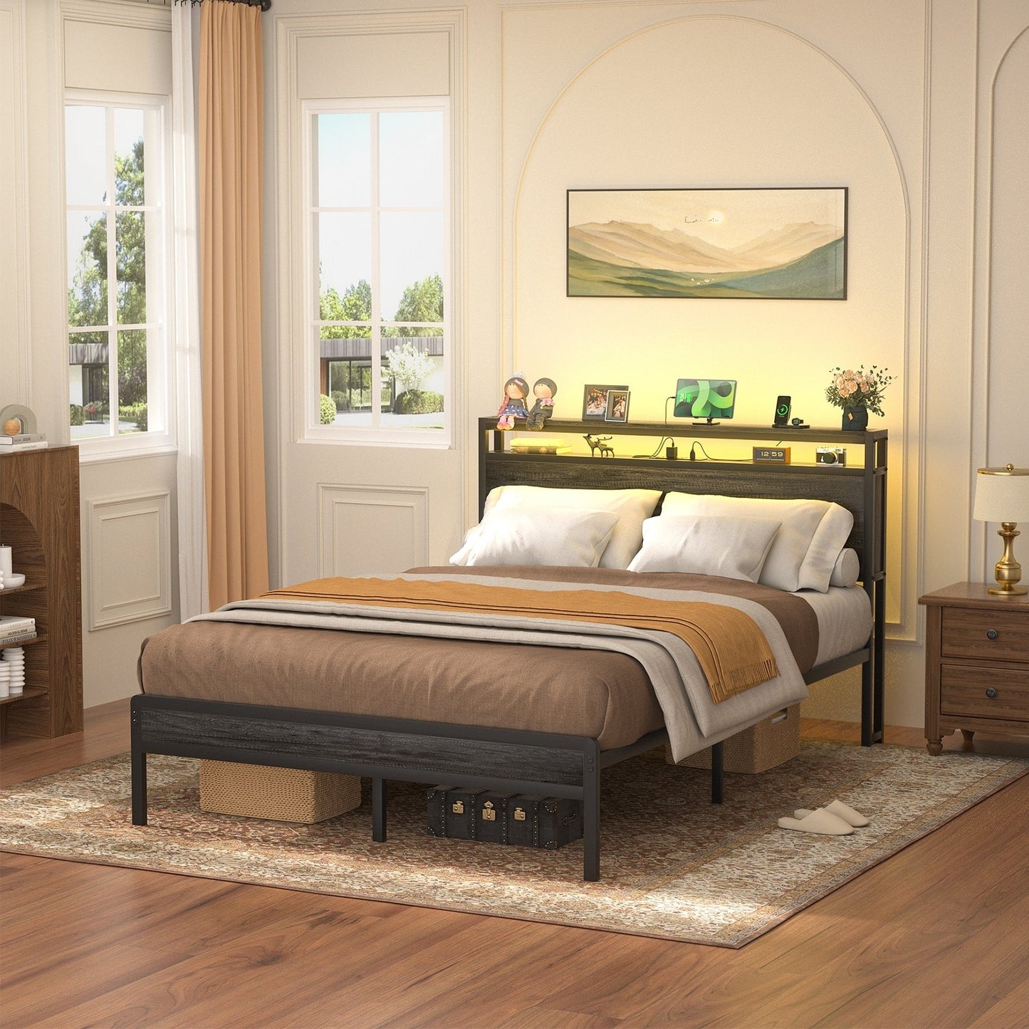 Farmhouse Wood Platform Bed Frame with Charged Station and LED Lights