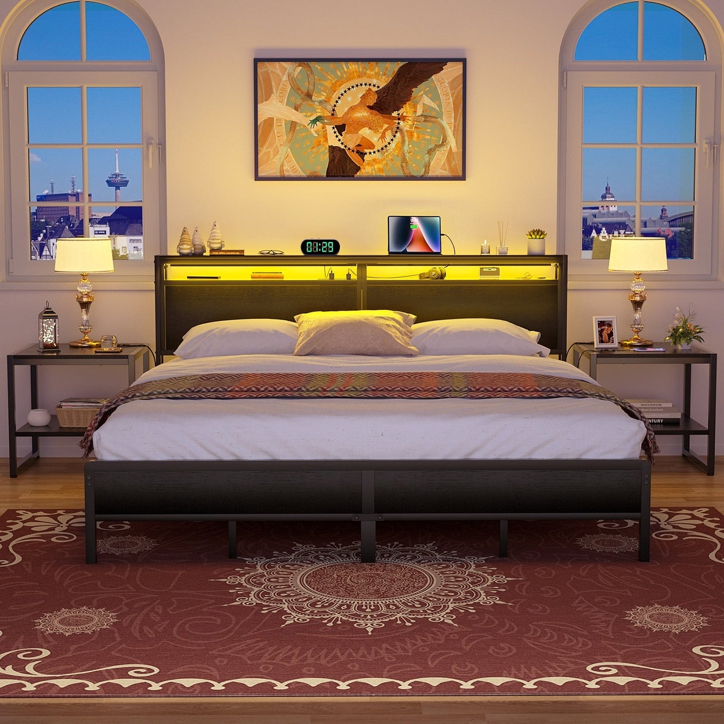 Farmhouse Wood Platform Bed Frame with Charged Station and LED Lights