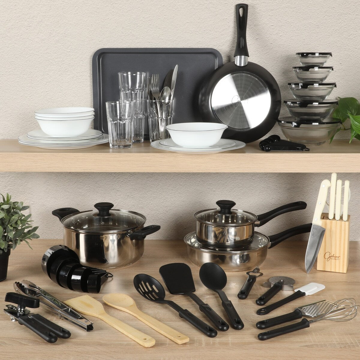 Gibson Home 74 Piece Kitchen Combo Set: Cookware, Dinnerware, Cutlery, Flatware, Tools & Gadgets, storage and Glassware