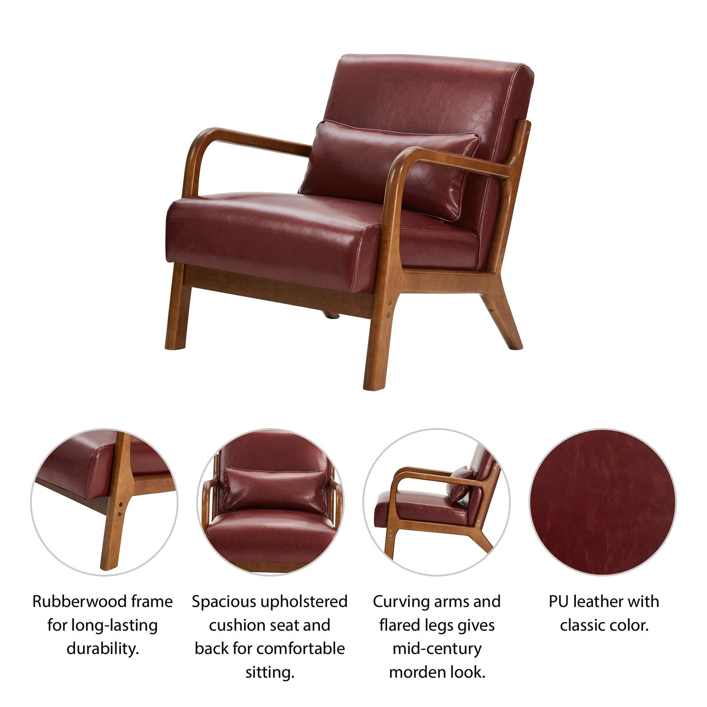 Glitzhome 30.75H Mid-Century Modern PU Leather Armchair Accent Chair with Pillow - 25.75W x 33.75D x 30.75H