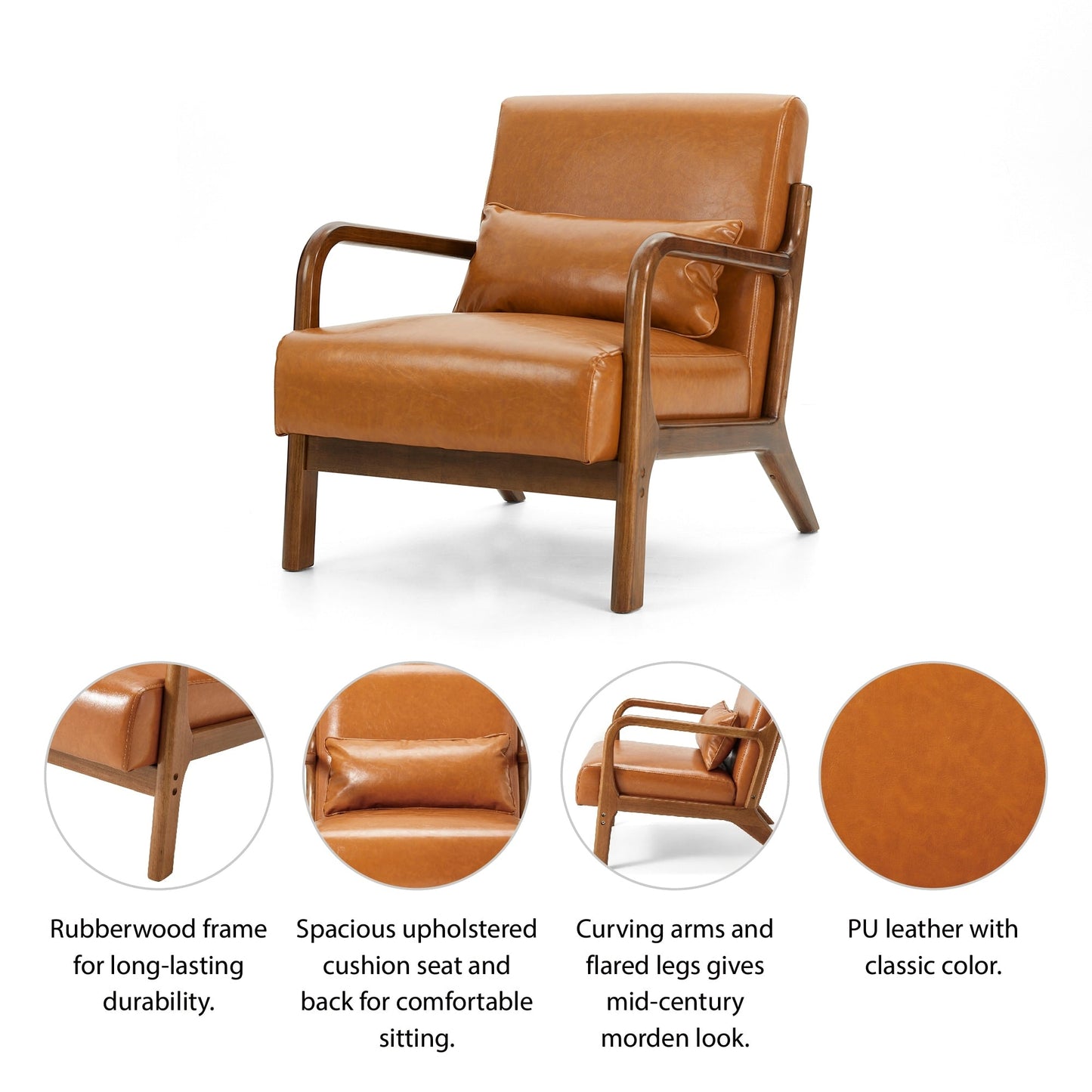 Glitzhome 30.75H Mid-Century Modern PU Leather Armchair Accent Chair with Pillow - 25.75W x 33.75D x 30.75H