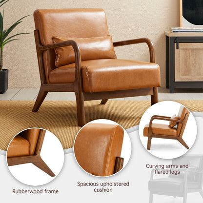 Glitzhome 30.75H Mid-Century Modern PU Leather Armchair Accent Chair with Pillow - 25.75W x 33.75D x 30.75H