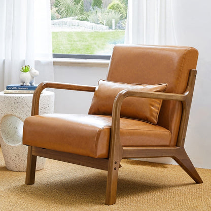 Glitzhome 30.75H Mid-Century Modern PU Leather Armchair Accent Chair with Pillow - 25.75W x 33.75D x 30.75H