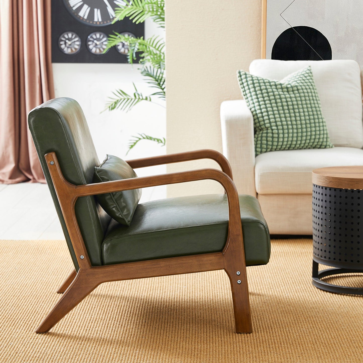 Glitzhome 30.75H Mid-Century Modern PU Leather Armchair Accent Chair with Pillow - 25.75W x 33.75D x 30.75H