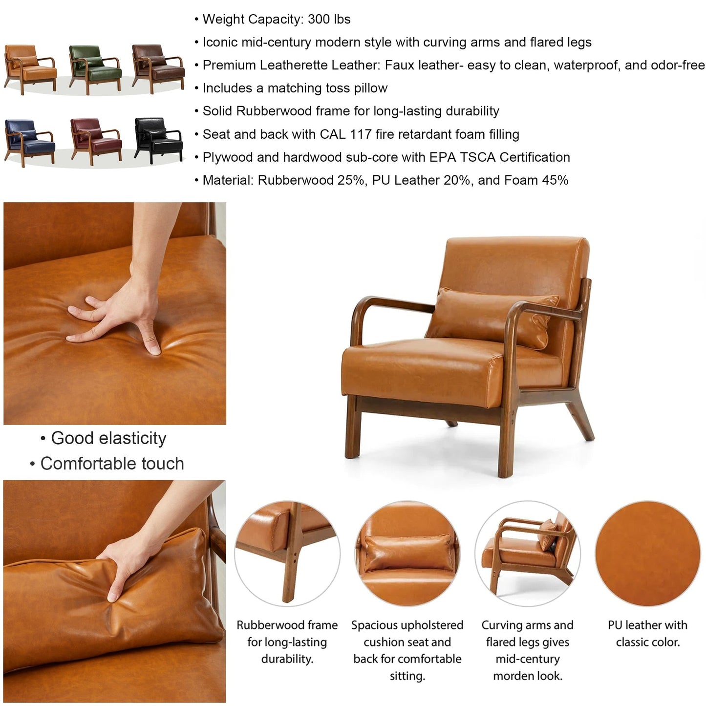 Glitzhome 30.75H Mid-Century Modern PU Leather Armchair Accent Chair with Pillow - 25.75W x 33.75D x 30.75H