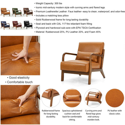 Glitzhome 30.75H Mid-Century Modern PU Leather Armchair Accent Chair with Pillow - 25.75W x 33.75D x 30.75H