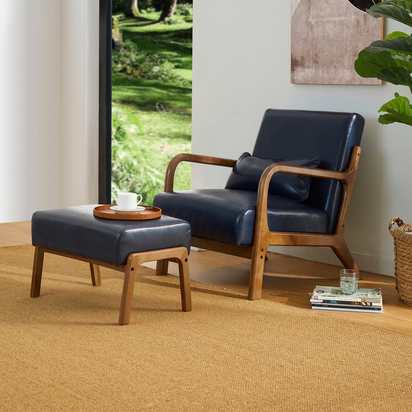 Glitzhome 30.75H Mid-Century Modern PU Leather Armchair Accent Chair with Pillow - 25.75W x 33.75D x 30.75H