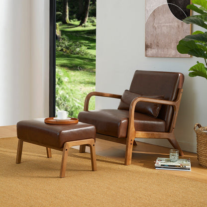 Glitzhome 30.75H Mid-Century Modern PU Leather Armchair Accent Chair with Pillow - 25.75W x 33.75D x 30.75H